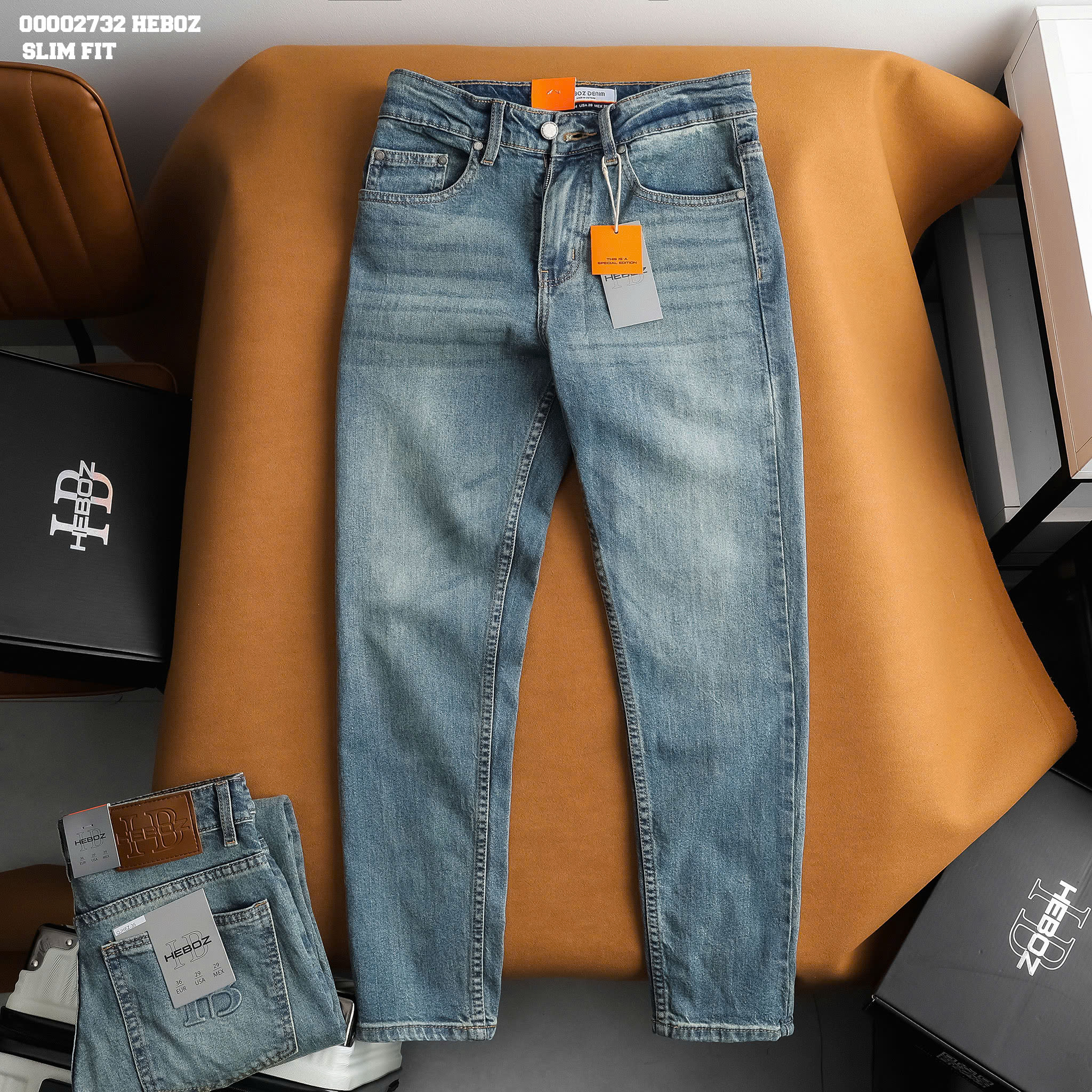  Quần jean nam Heboz dáng slim D035 quần dài nam denim màu xanh wash basic - 00002732 