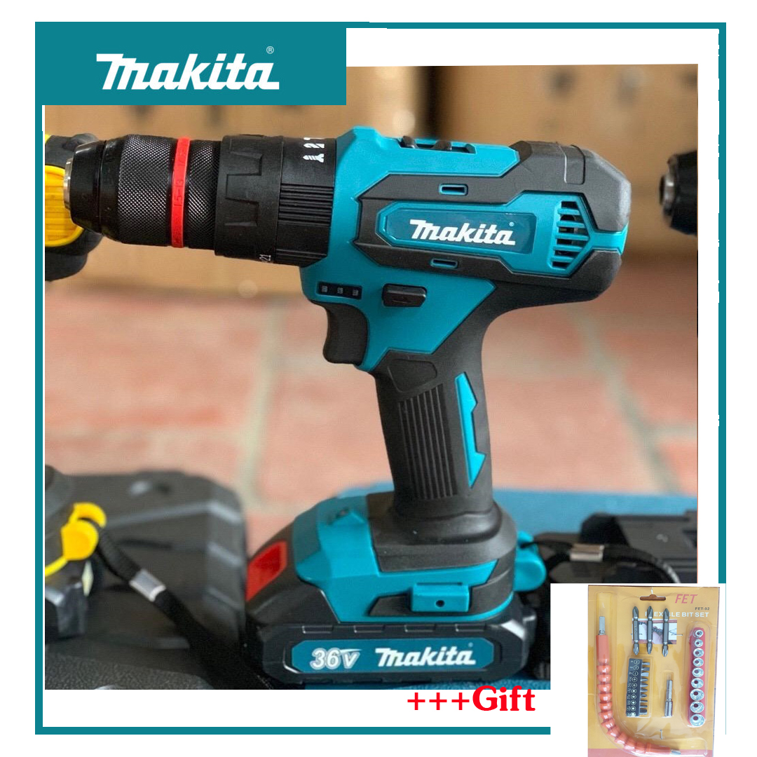 Máy Khoan MAKITA 36V Có Búa Lõi Đồng 2 Pin - Bắt Vít, Khoan Sắt, Khoan Tường, Khoan Gỗ - Hàng Malaysia