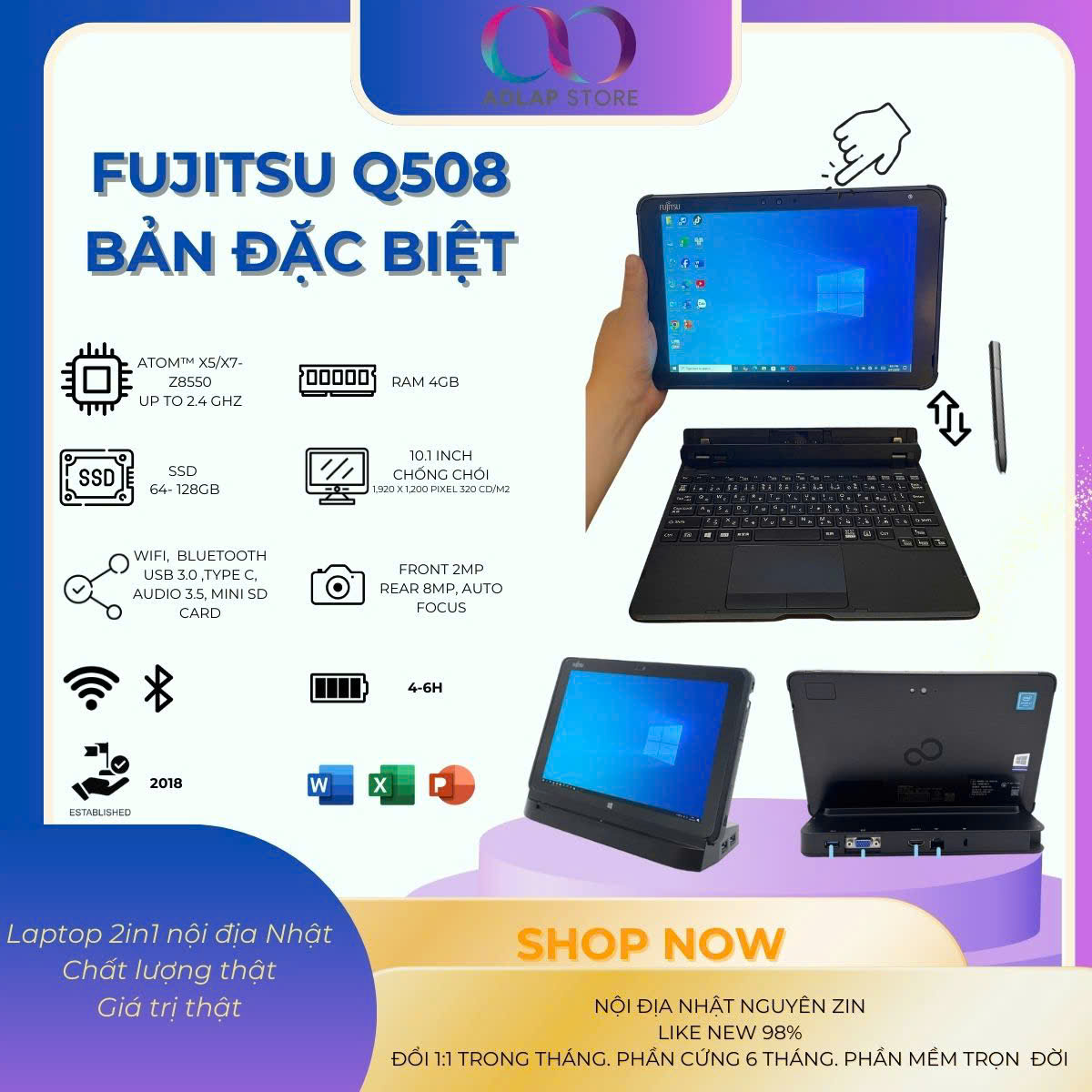 Fujitsu Arrows Tab Q506, Q507, Q608, Q509, Q5010 SSD RAM 4Gb SSD  Windows 10pro 64Bit
