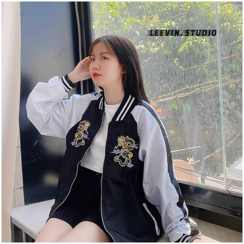 Áo khoác dù bomber họa tiết thêu rồng chất dù 2 lớp