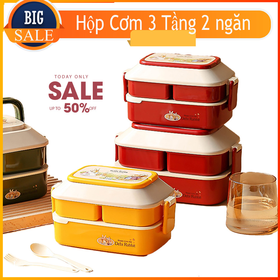 Hộp Cơm, Hộp Cơm Văn Phòng, Hộp Cơm Bento 2 Tầng 3 Ngăn Có Quai Sách Phù Hợp Khi Đi Học, Đi Làm, Văn Phòng, Dã Ngoại - Cặp lồng đựng cơm