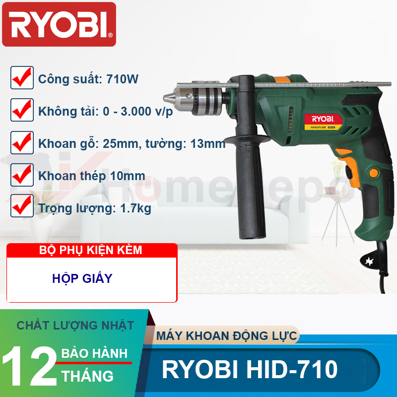 Máy khoan động lực ryobi hid-710, công suất 710w - đường kính đầu cặp 13mm - bảo hành 12 tháng - hàng chính hãng