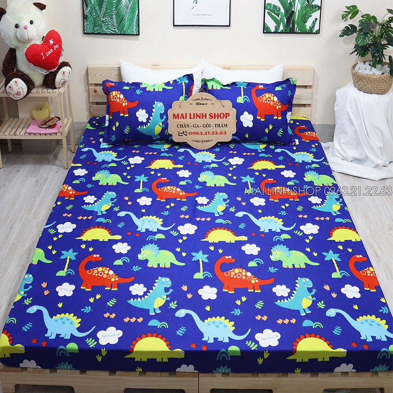 Bộ Ga Gối Cotton Poly Hình Khủng Long Xanh Nhiều Kích Thước M2/M6/M8/2M2