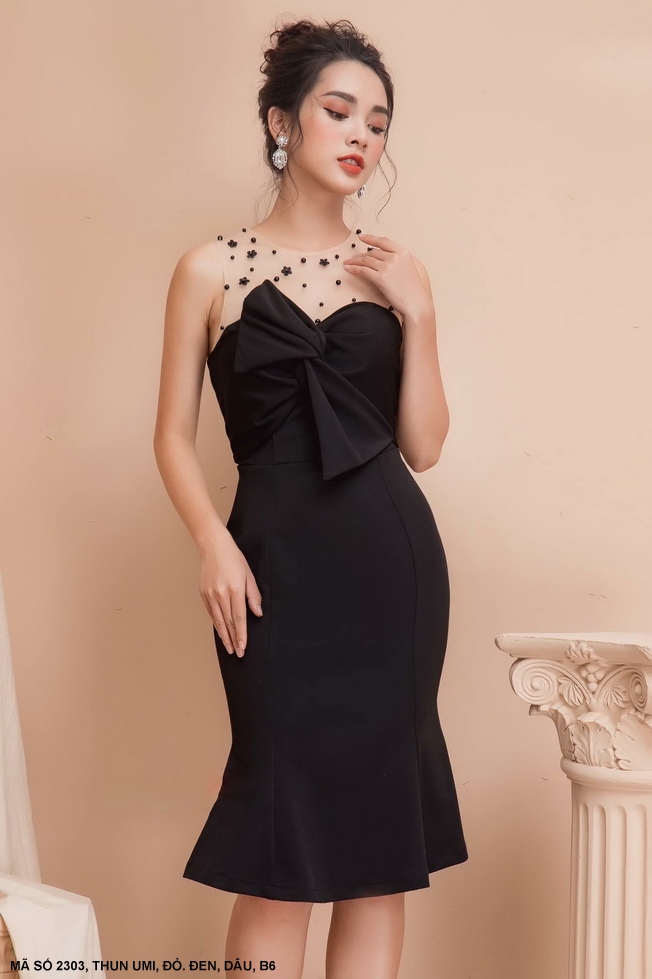 Đầm ôm cúp ngực phối lưới đính hạt ngọc trai 2303