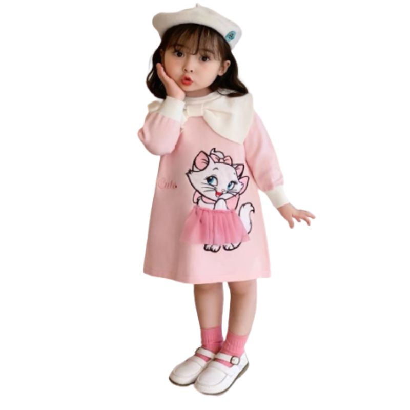 Váy bé gái dáng xuông cổ nơ và bạn mèo mặc váy 8-30kg xhn1110