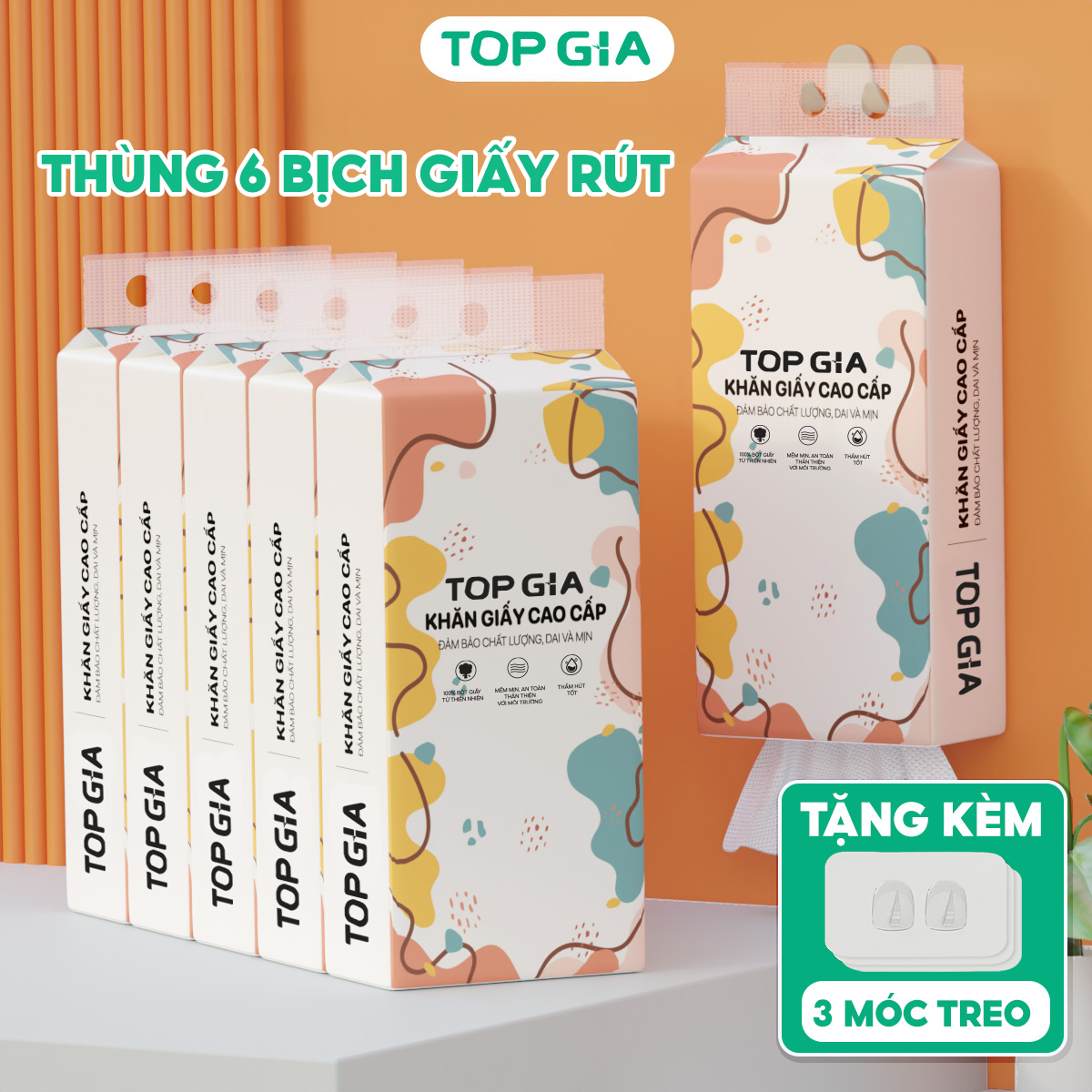 Top Gia Wall-Mounted Toilet Paper, Box of 6 Multi-Colored Packs Made from Natural Pulp, 1280 Sheets, 4 Thick Layers - 1