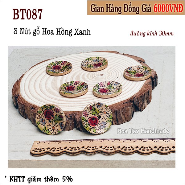 Nút gỗ hoa hồng xanh bt087 - hoa tay handmade