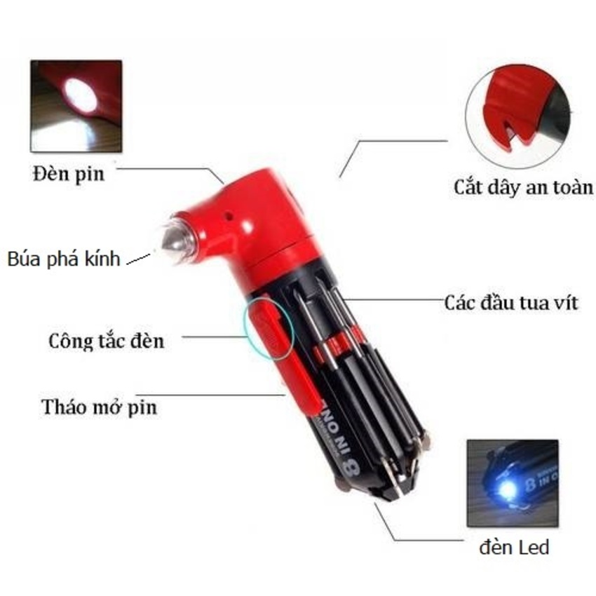 Tua Vít Đa Năng 11 trong 1 – Tuốc Nơ Vít gồm 7 đầu vặn ốc vít đèn pin đèn led búa phá kính thoát hiểm dao cắt dây – Bộ Tô Vít Đa Năng