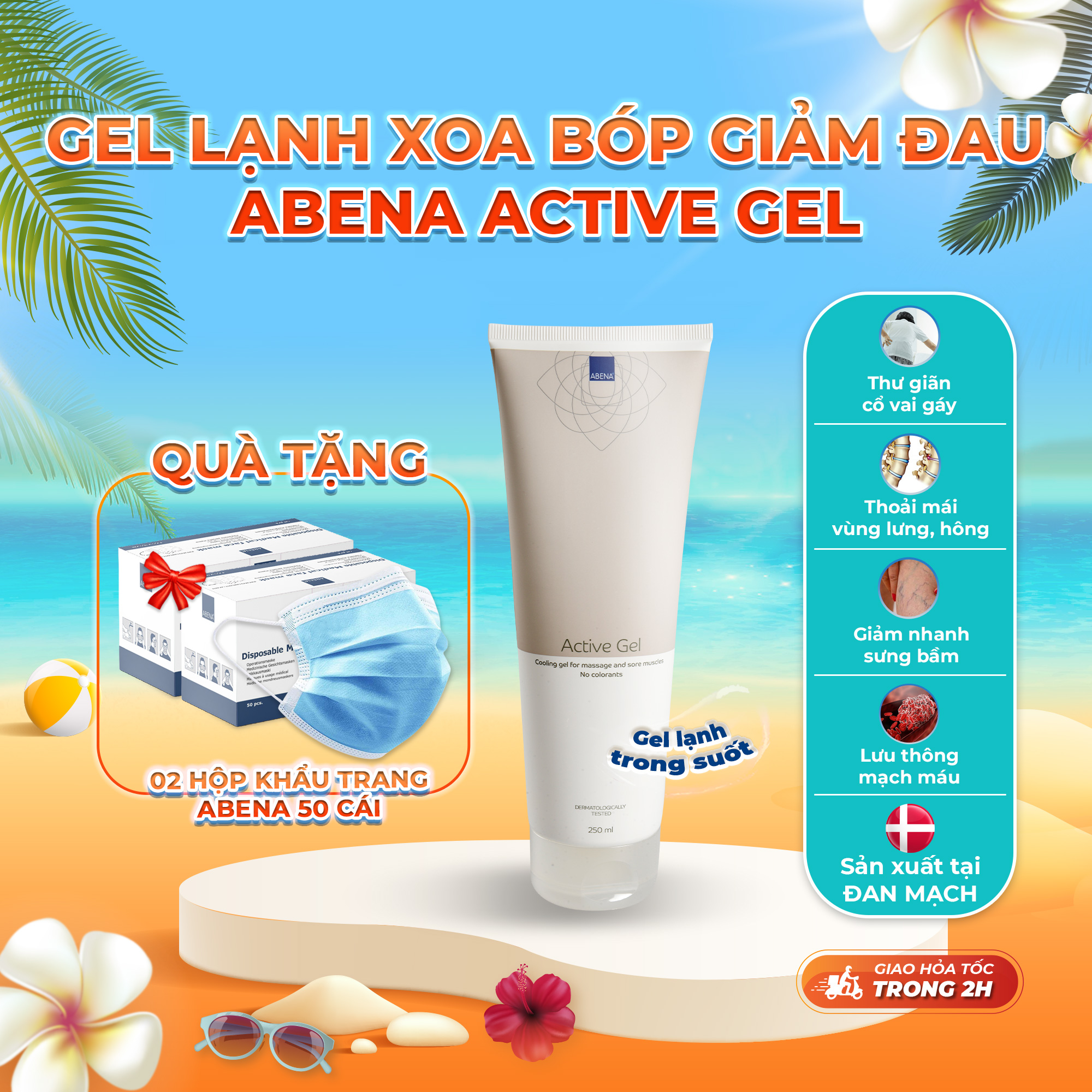 [Tặng 2 hộp khẩu trang xanh] Gel xoa bóp lạnh giảm đau cơ Abena Active Gel mẫu mới - Nhập khẩu Đan Mạch - Thành phần tinh dầu thiên nhiên (tuýp 250ml)