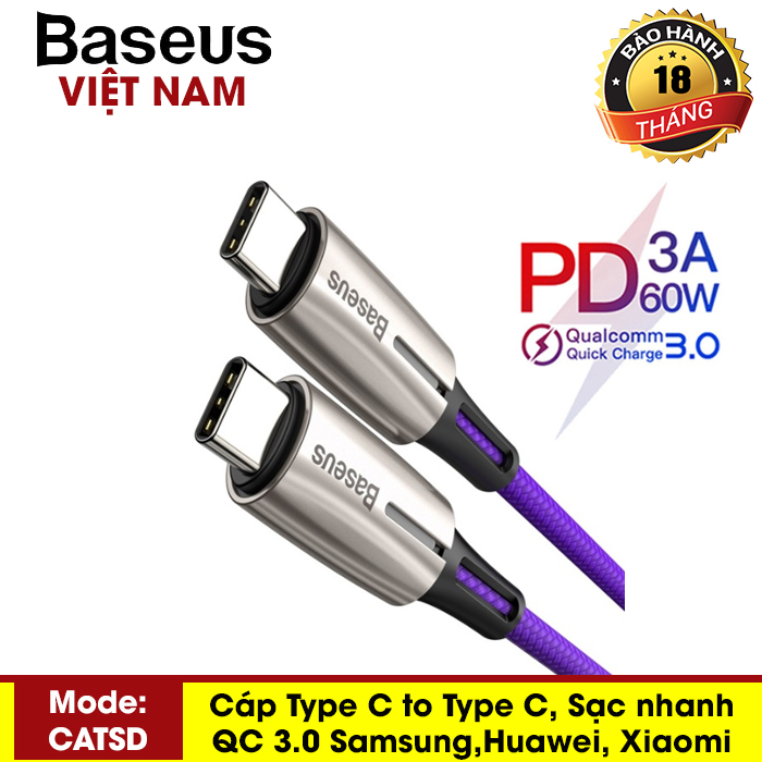 Cáp sạc nhanh & truyền Data Baseus (CATSD) có đèn Led  Water Drop-Shaped Lamp C to C ( 3A 20V 60W Power Delivery QC3.0 Quick Charge Flash Charge & Data Cable )