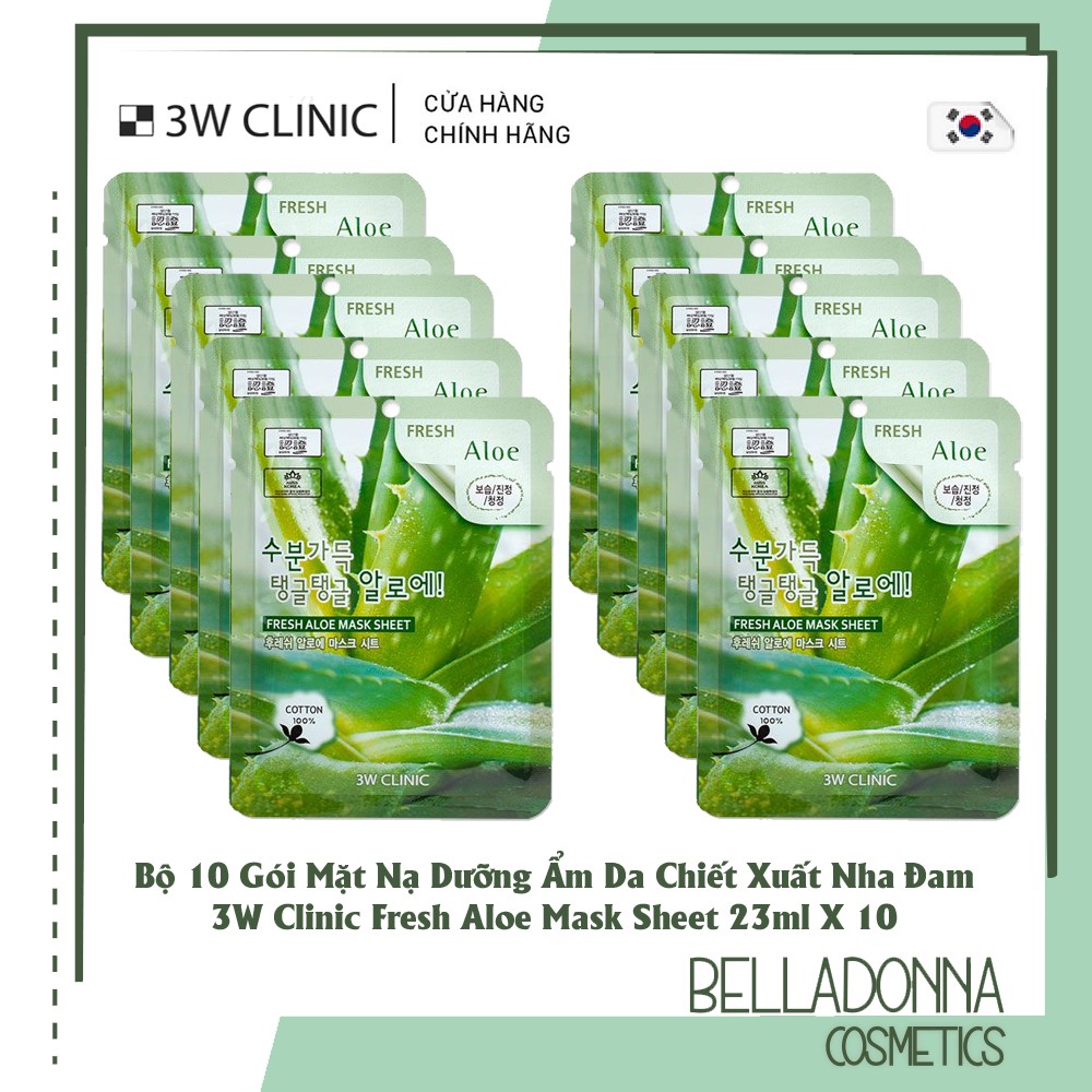 Bộ 10 gói mặt nạ dưỡng ẩm da nha đam 3w clinic fresh aloe mask sheet 23ml x 10 miếng