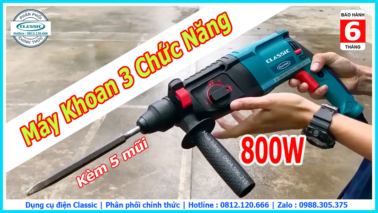 Máy khoan bê tông 3 chức năng classic cla-5826 | 800w + 5 mũi
