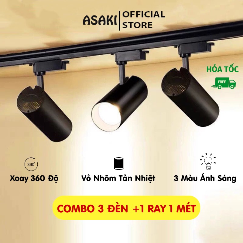 Đèn rọi ray asaki combo 3 đen 1 thanh ray 15w 20w 30w trang trí shop tiết kiệm điện