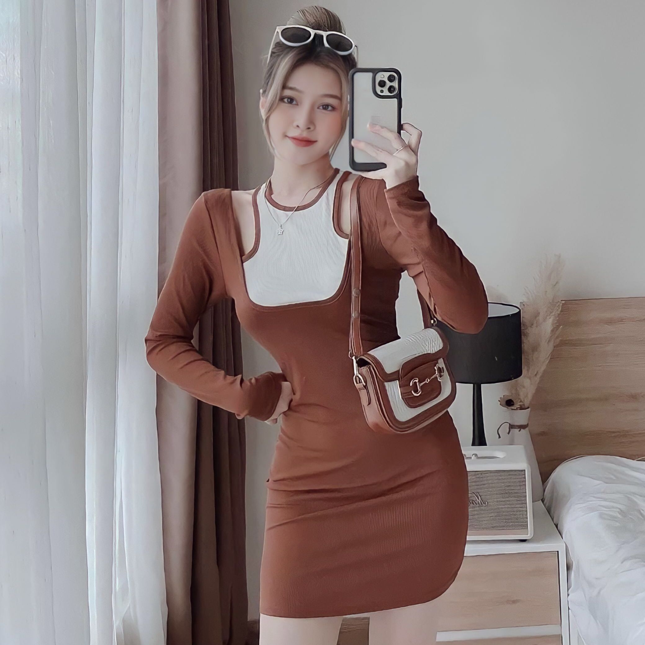 Đầm body cổ yếm tay dài hở vai quyến rũ sexy vải cao cấp màu nâu, đen, trắng