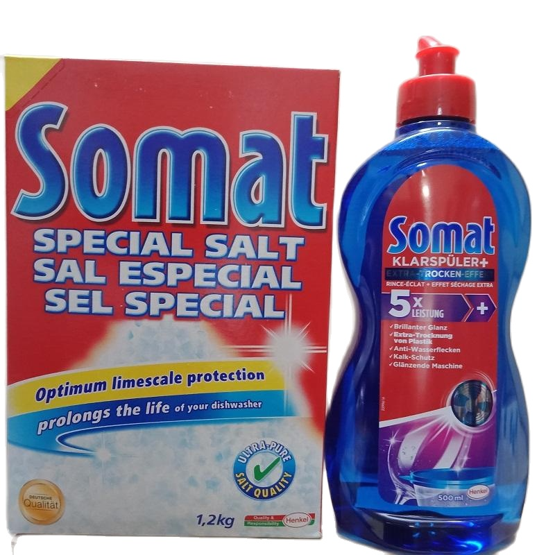 combo chai nước làm bóng somat 500ml và hộp muối rửa bát 1,2kg