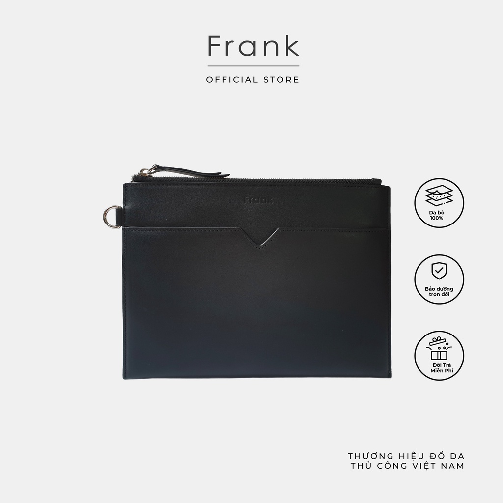 Ví clutch cầm tay v pouch da bò trơn thương hiệu frank