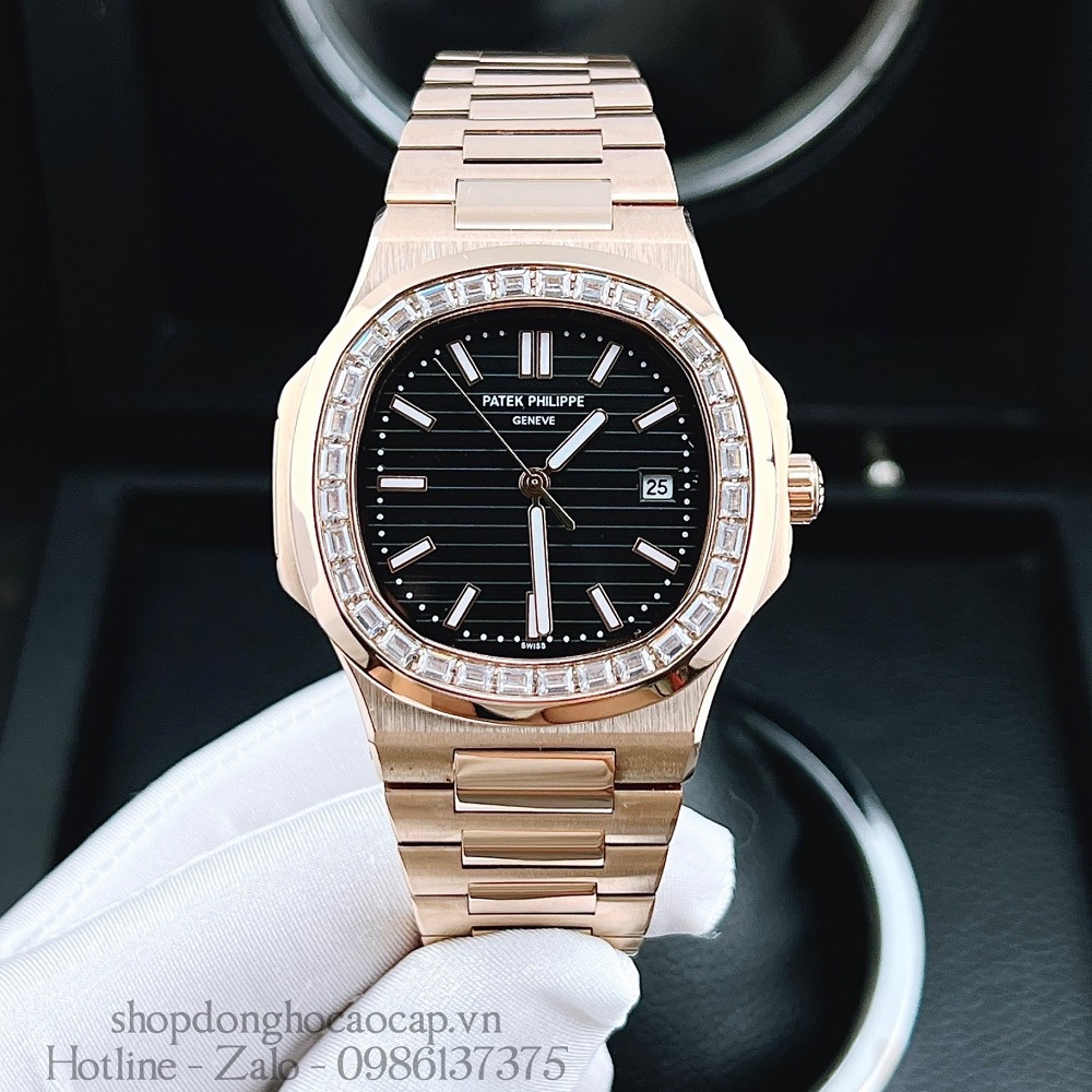 Đồng hồ patek philippe nam máy tự động viền đá dây inox rose gold mặt đen 42mm