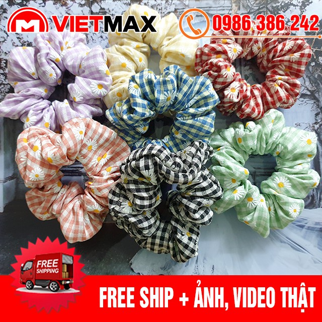 Dây Buộc Tóc Vải Thô Caro Hoa Cúc, Cột Tóc Scrunchies Co Giãn Hàn Quốc