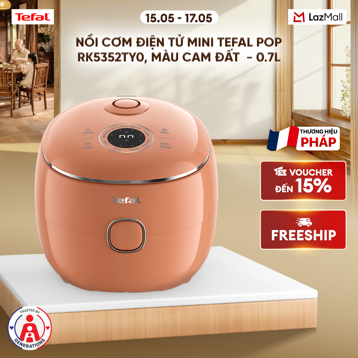 Nồi cơm điện tử Mini Tefal POP RK535TY0, Màu Cam Đất  - 0.7L