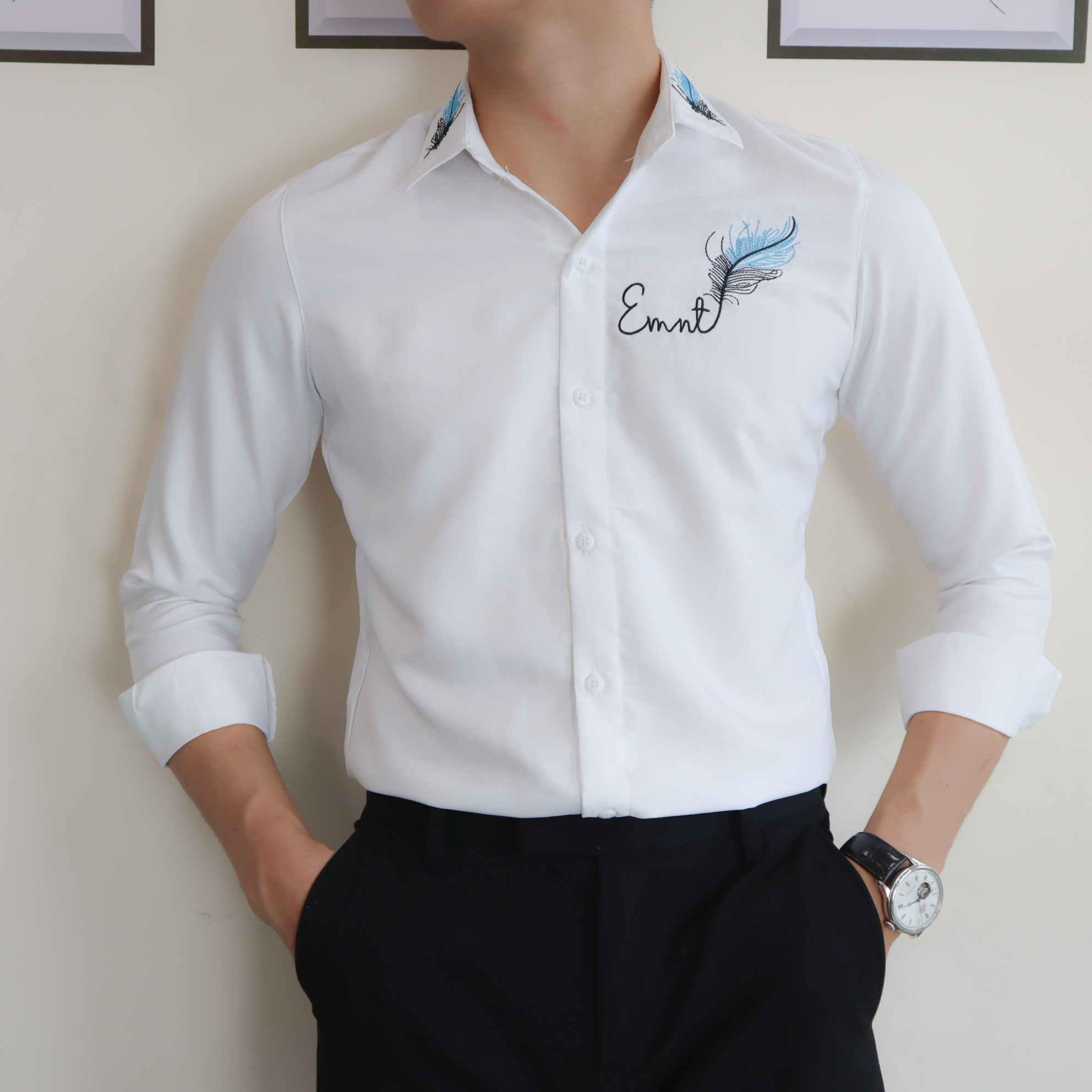 Áo sơ mi nam vải lụa họa tiết đơn giản thanh lịch - hàng cao cấp