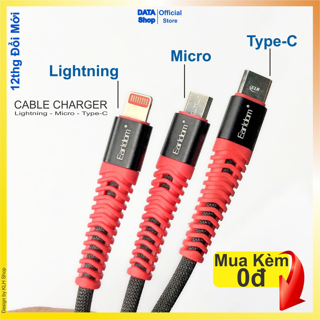 Dây cáp sạc chống đứt iphone, samsung, type-c, dây xạc nhanh bọc dù chính hãng earldom 060 data shop