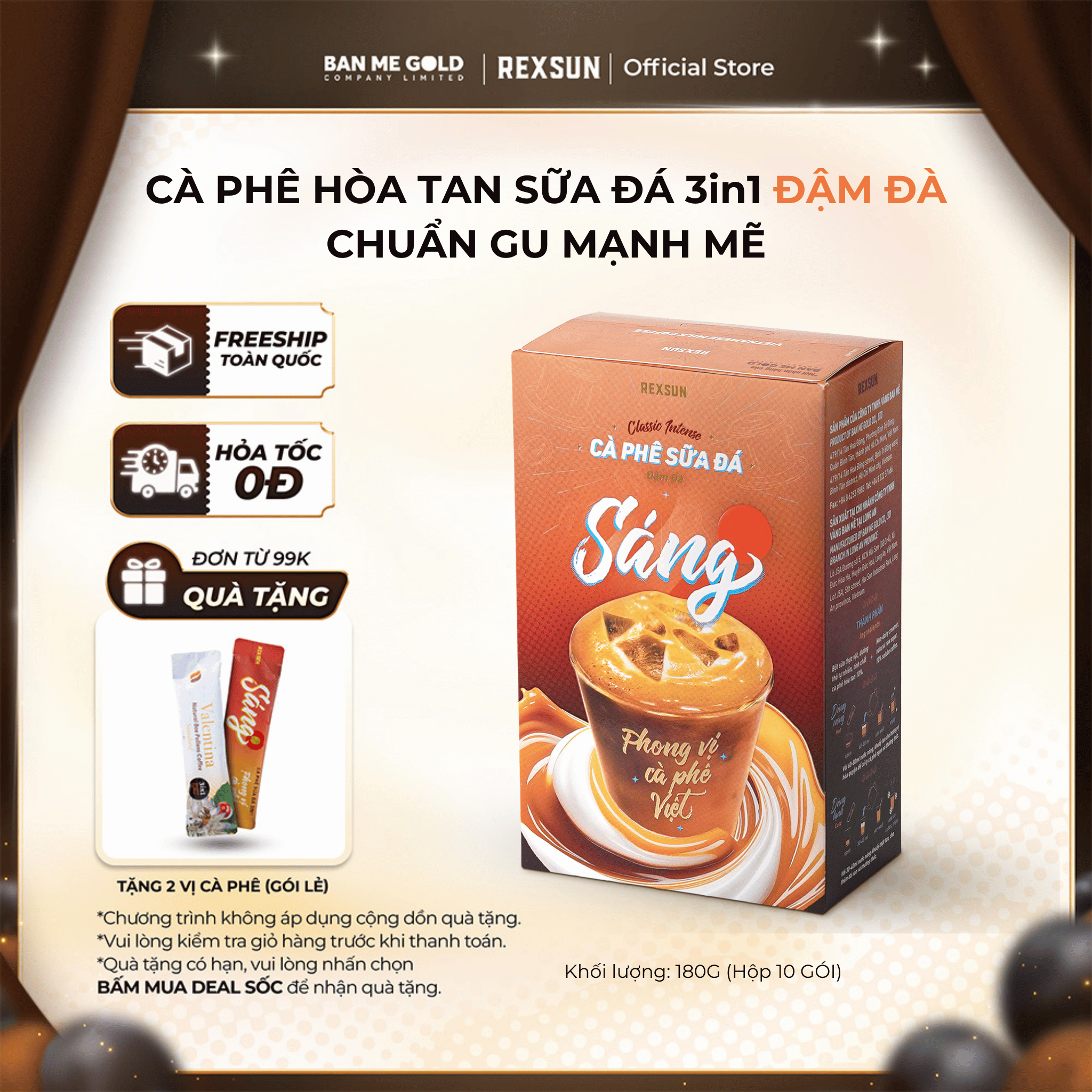 TẶNG QUÀ Cà Phê Hoà Tan Sữa Đá ĐẬM ĐÀ Gu Mạnh Mẽ - Hộp 180g 10 gói - Cafe Sữa Đá 3in1 Tiện Lợi Chính Hãng Ban Me Gold - Rexsun