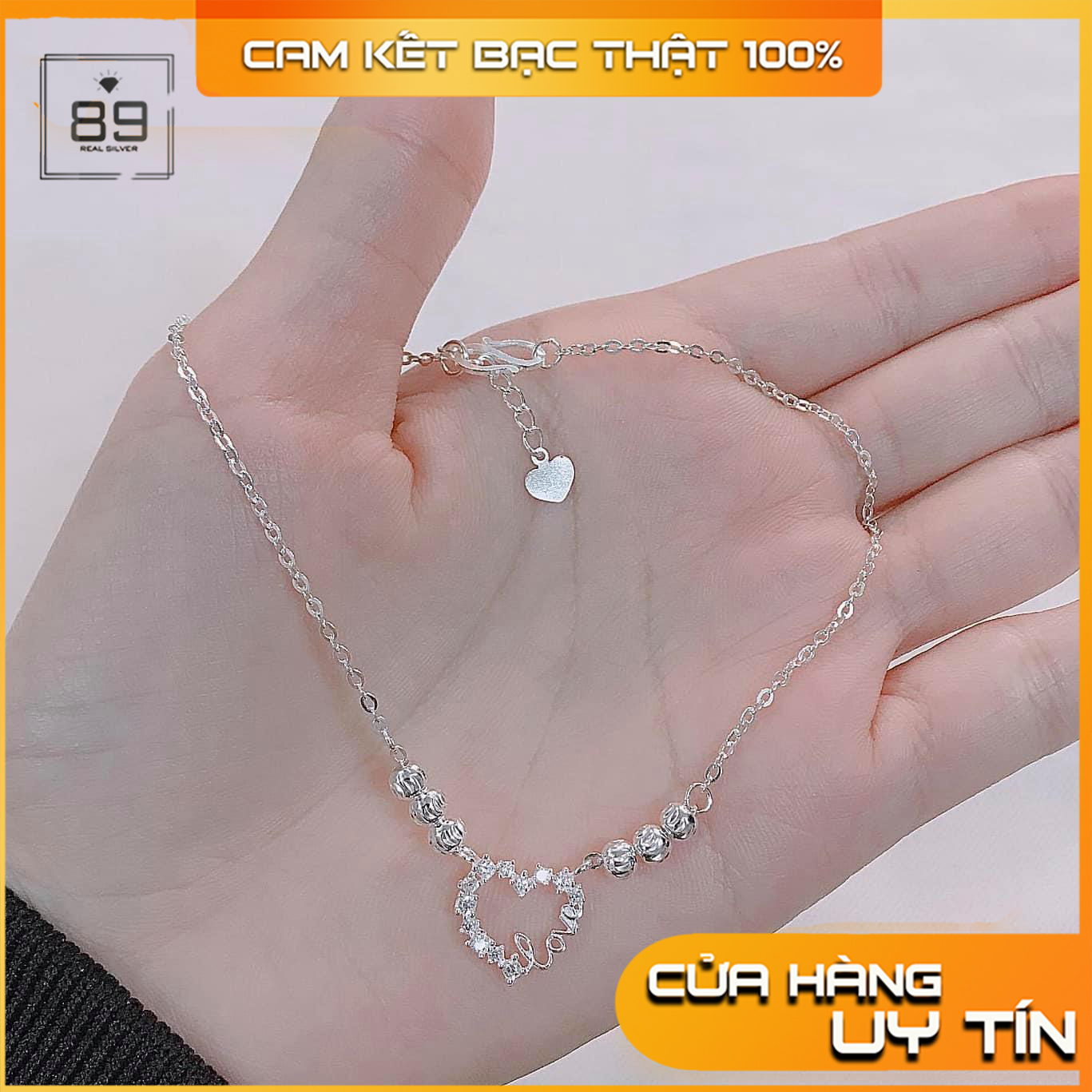 Lắc chân nữ chuỗi bi kèm trái tim đính đá, bạc ta