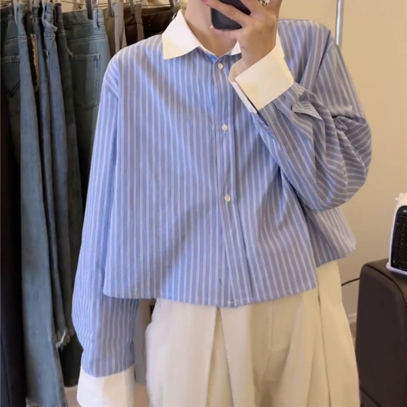 Hoàn tiền 20% - áo sơ mi nữ dài tay croptop kẻ sọc form rộng kiểu dáng basic thời trang jays top nu 071v3
