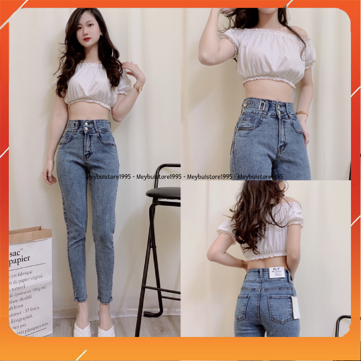 Quần Jean nữ cạp cao 2 khuy co dãn Meybuistore1995, quần bò cạp cao, skinny jean dáng ôm chân dài
