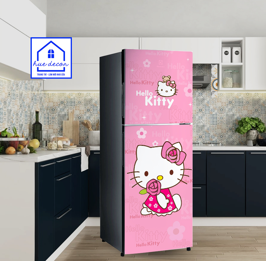 Miếng dán decal  tủ lạnh - Máy lạnh - Máy giặt  Hello kitty thương hiệu Huedecor siêu bền, tạo không gian nhẹ nhàng nữ tính