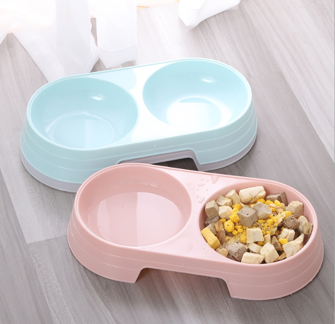 Bát ăn đôi cho chó mèo (chất liệu nhựa), nhỏ gọn, máng trơn giúp tránh được tình trạng thú nhai bát ăn