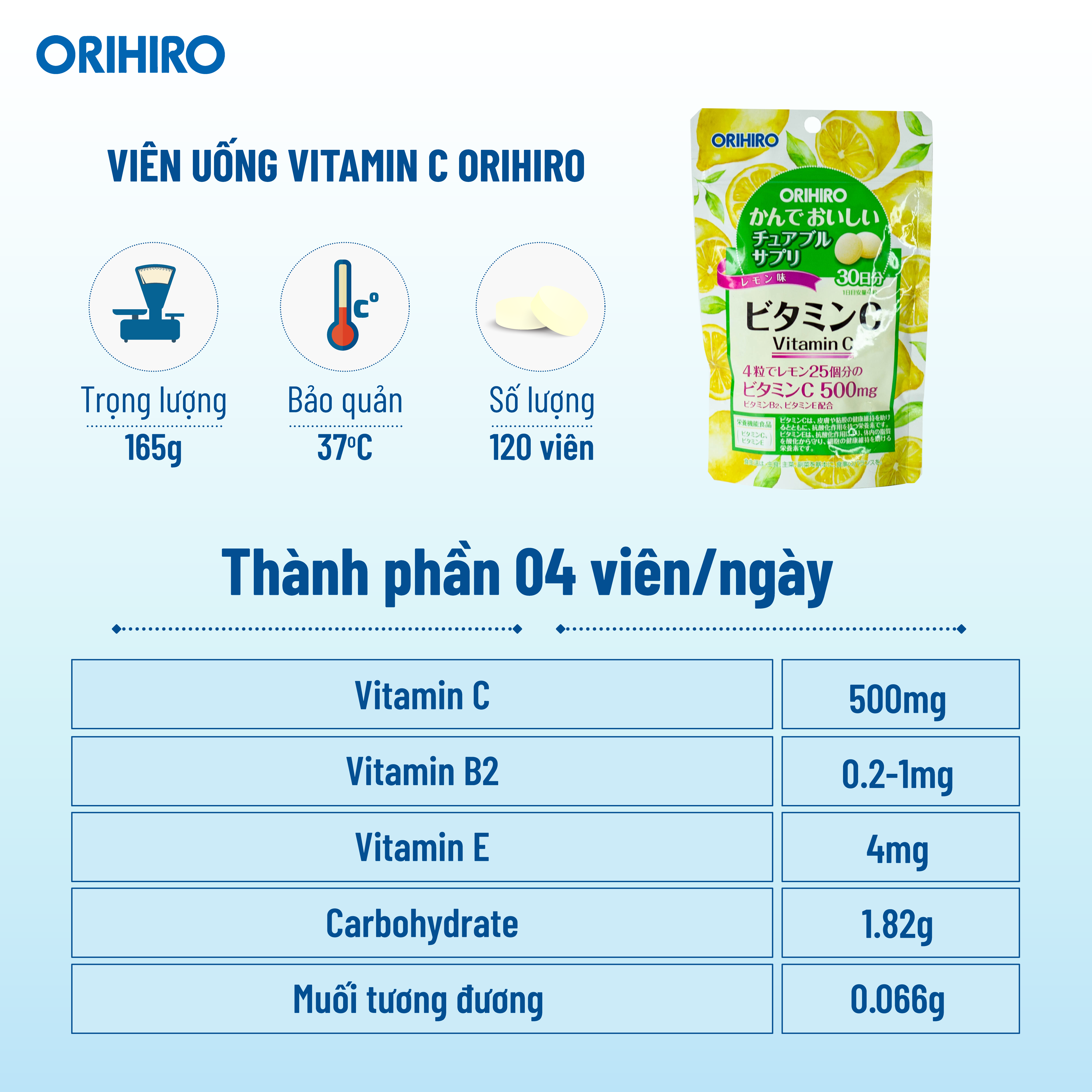 Viên Uống Vitamin C Orihiro Dạng Túi 120 Viên Giúp Cải Thiện Sức Khoẻ, Làm Đẹp Da