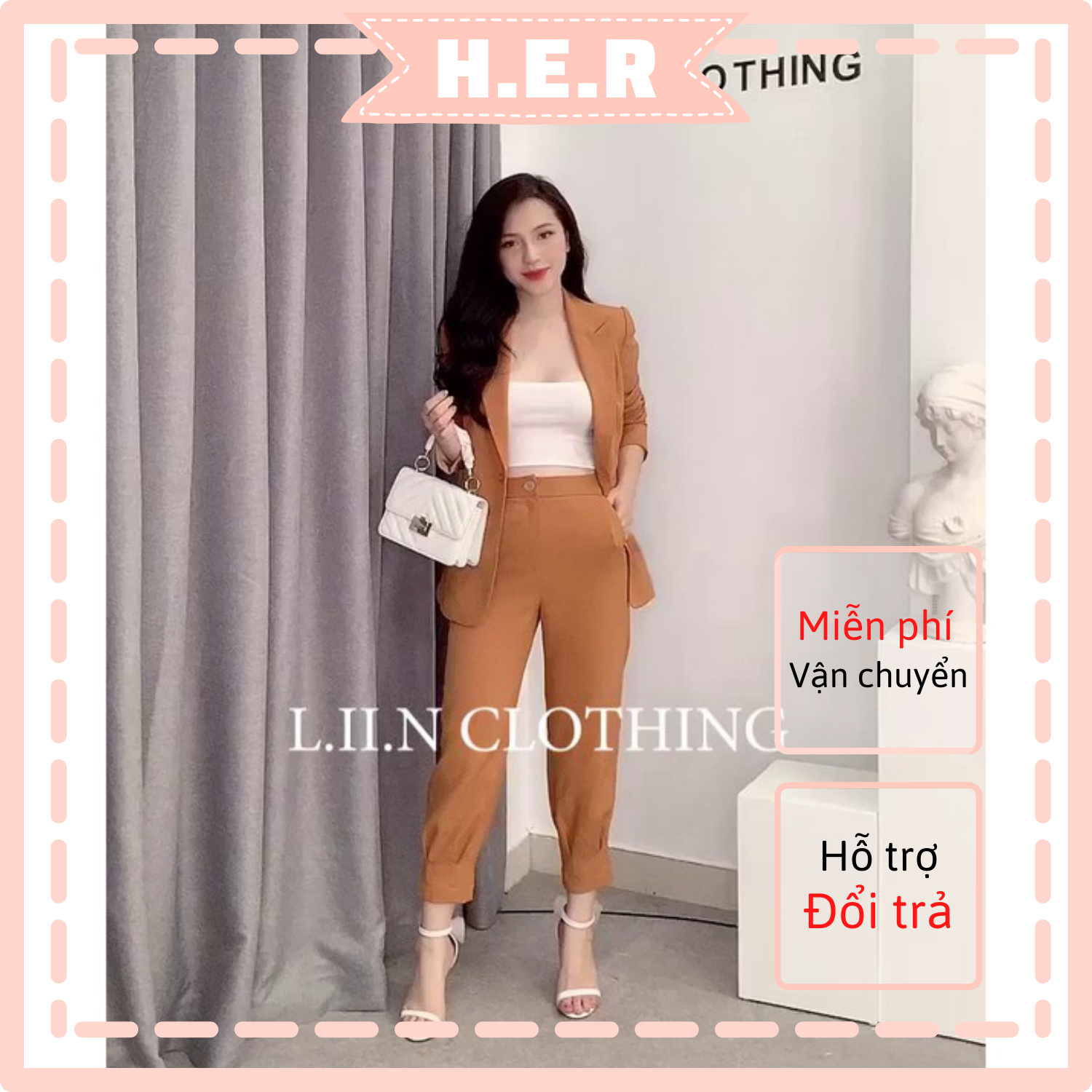 Set Bộ Áo Vest Nữ màu Cam Chất Đẹp Phối Quần Baggy TẶNG KÈM áo quây bán Tách Set CÓ QUÀ TẶNG KÈM