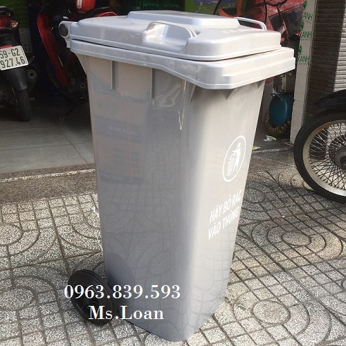 Thùng rác nhựa 120L màu xám, thùng rác công cộng 120L nắp kín có bánh xe