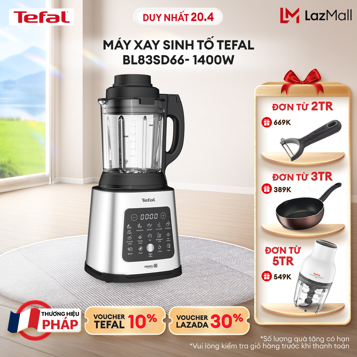 [NHẬP MÃ TEFALOFF30T4 GIẢM 30%] Máy xay sinh tố và làm sữa hạt đa năng Tefal BL83SD66 - 1400W