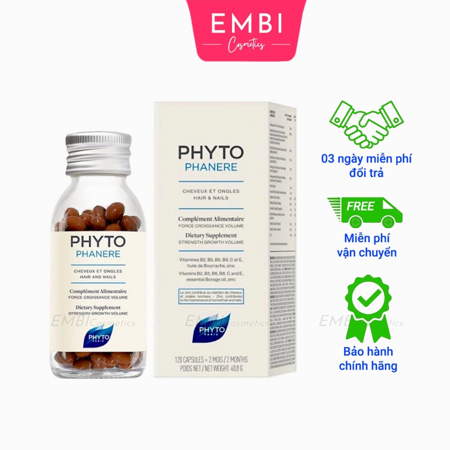 Viên uống PHYTO Phanere hỗ trợ mọc tóc, dưỡng móng - hộp 120v Phytophanere
