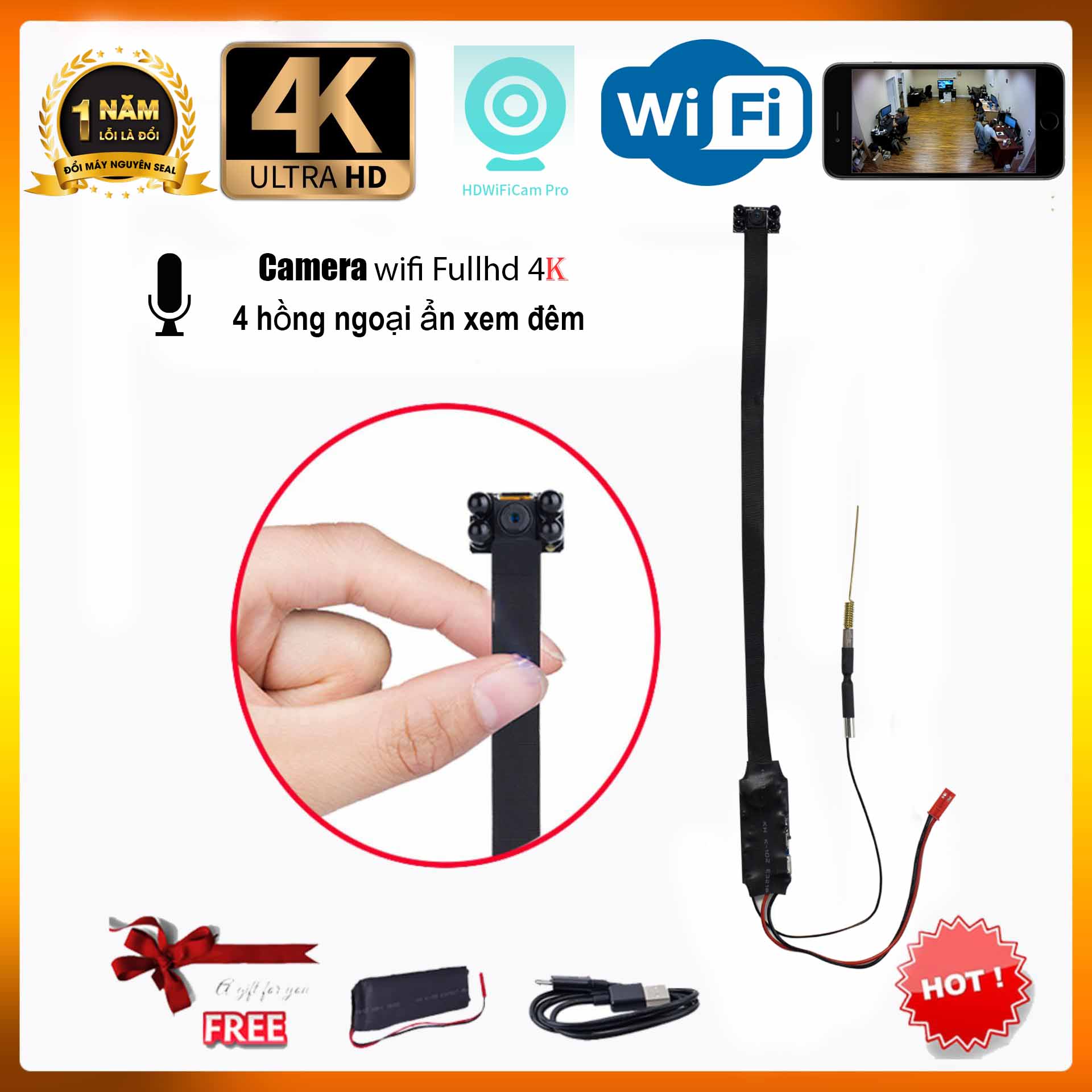 Camera wifi V99-V2 HD4K Mini SIÊU NHỎ hồng ngoại đen ẩn quay đêm sắc nét+ 01 pin dự phòng cao cấp bảo hành 12 tháng