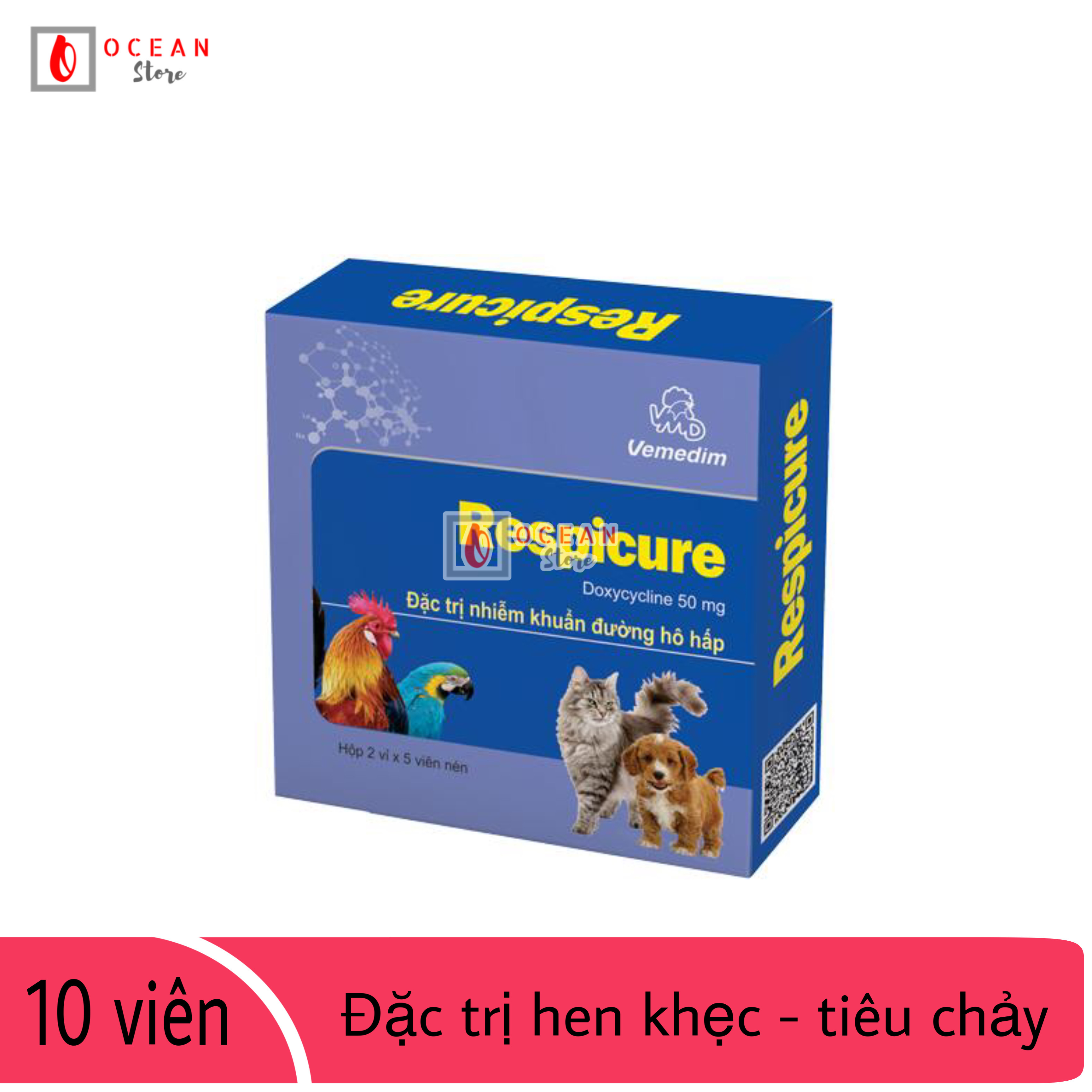 Respicure hết nhiễm khuẩn đường hô hấp, đường ruột cho chim, gà đá - Hộp 10 viên