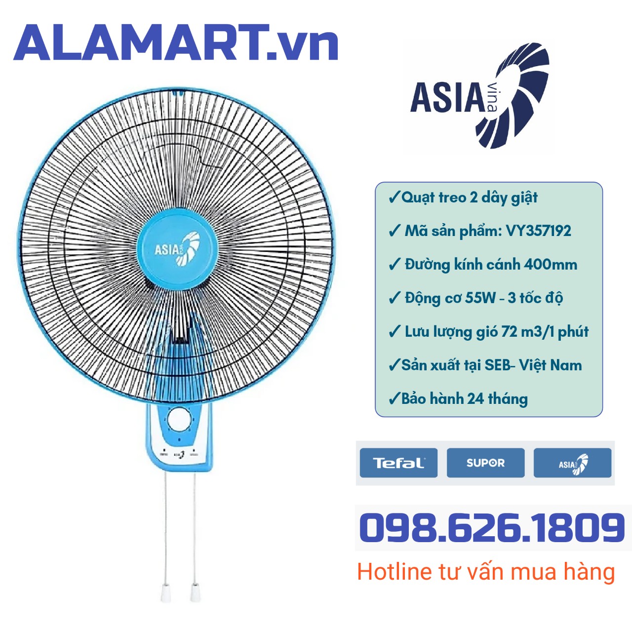 Quạt treo tường 2 dây asia vina 55w vy357192-màu xanh thiên thanh