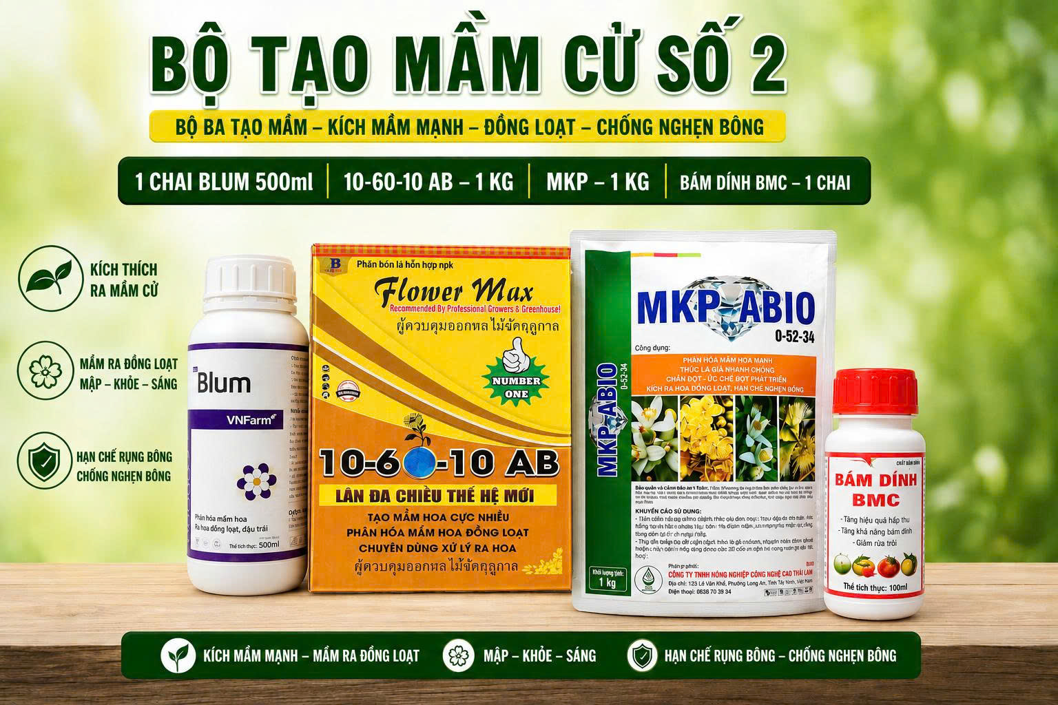 Bộ tạo mầm số 2-[Blum+10-60-10+MKP]-pha 200 lít nước-chuyên xử lý nghịch vụ miền tây, mùa thuận Miền Đông, Tây Nguyên