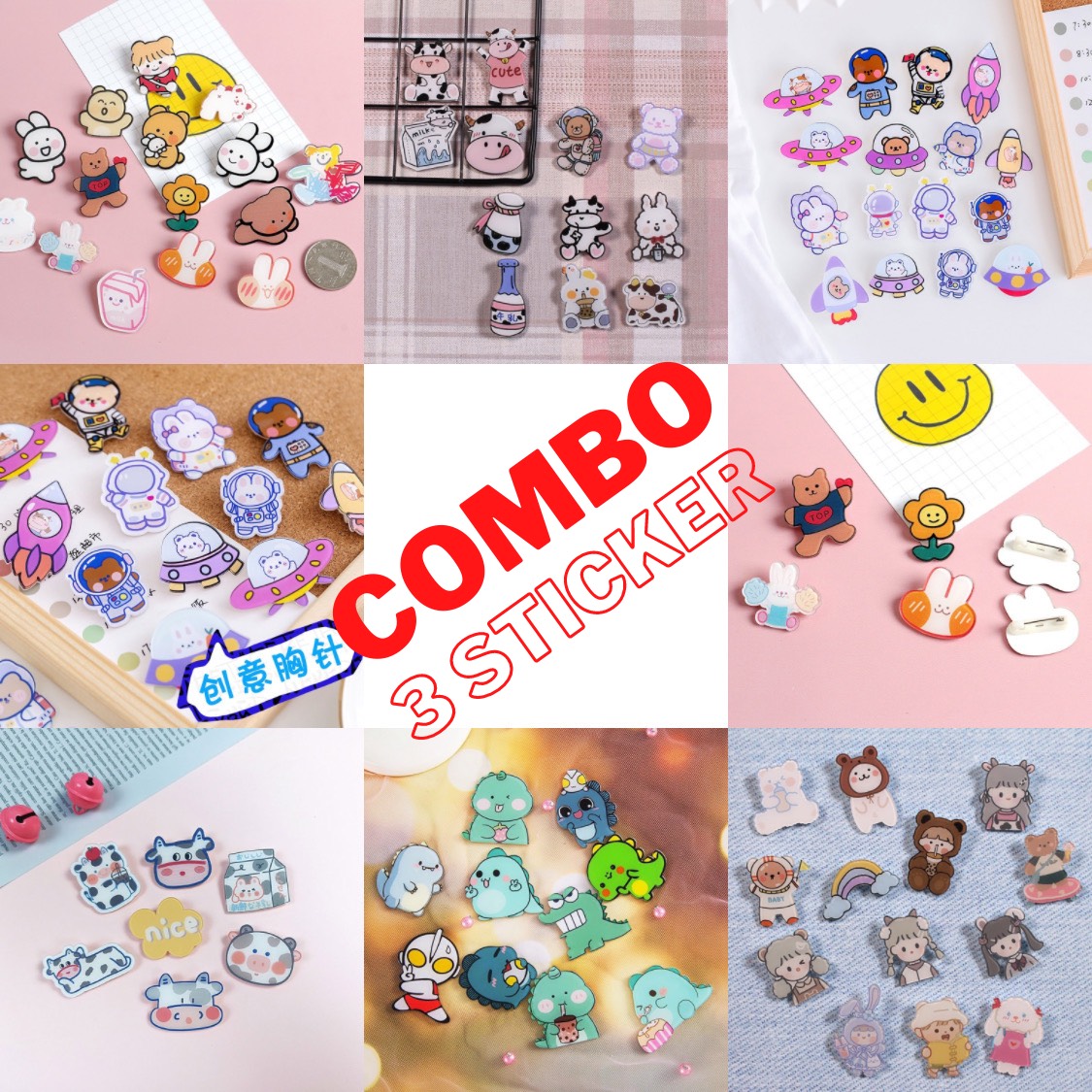 Phụ Kiện Sticker Gim Cài Trang Trí Balo Ulzzang Túi Ví Dễ Thương - Huy Hiệu Cài Cặp Học Sinh, Mũ, Nón - Combo 3 Pin Cài