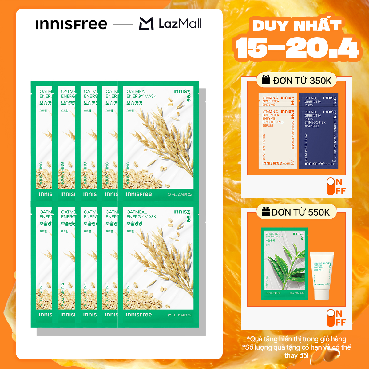 Combo 10 Mặt nạ giấy dưỡng da Hàn Quốc INNISFREE Energy Mask - Oatmeal 22ml