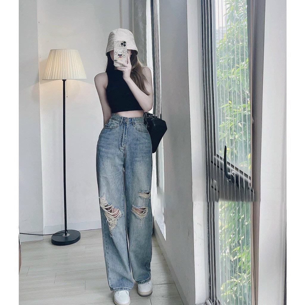 Quần jean nữ ống loe rông wash rách đùi bụi bạm JN520607