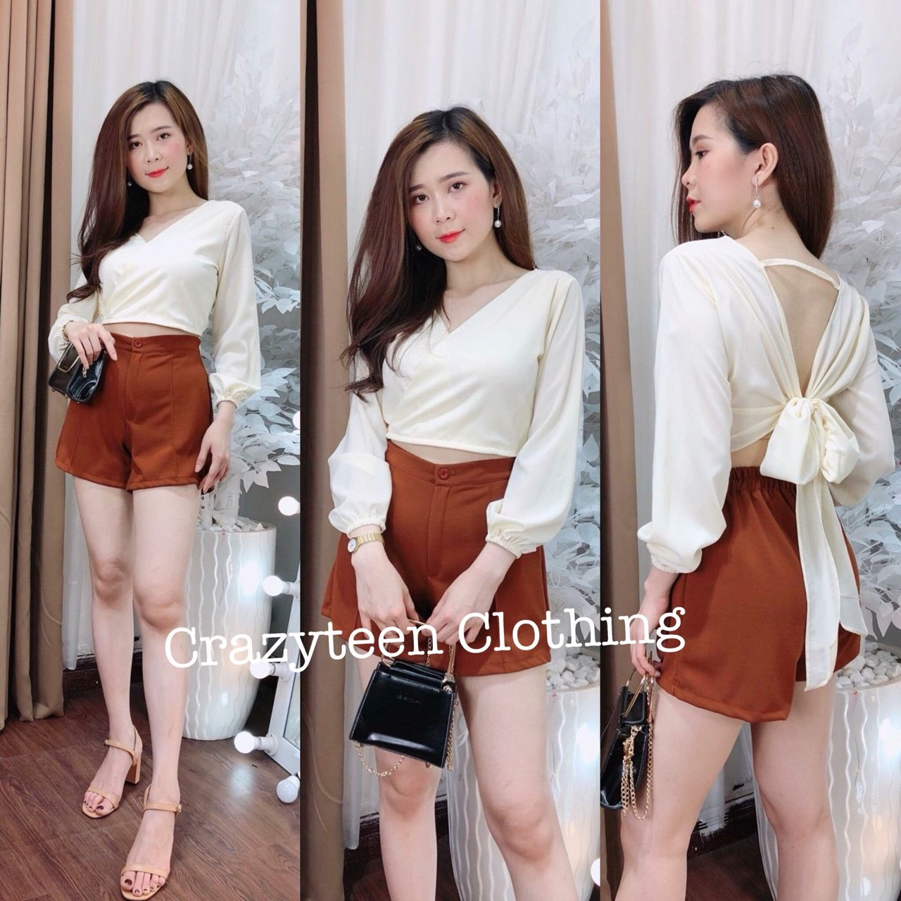 Sét Bộ Đùi Cát Hàn Hot Trend Áo Cổ V Tay Dài Cột Nơ Sau Lưng Bánh Bèo TTSA0647
