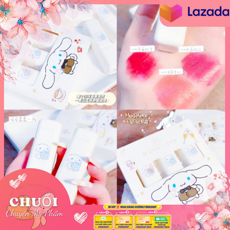 Set 3 cây son thỏi muge leen thỏ siêu cưng hộp trắng | set 3 cây son thỏi muge leen