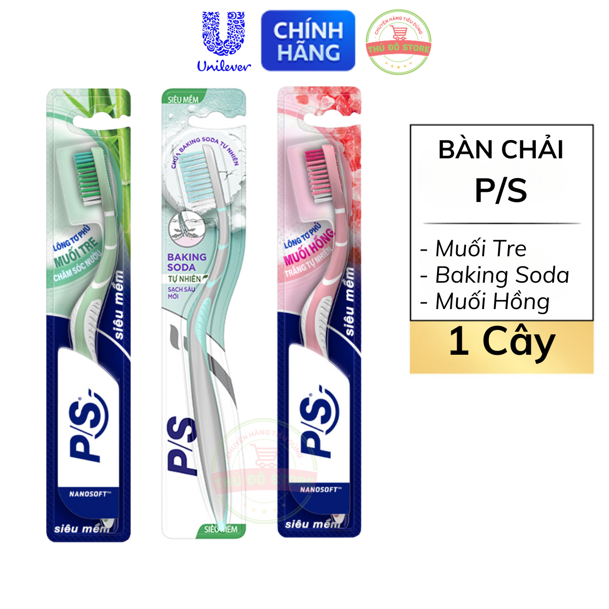 Bàn chải đánh răng ps siêu mềm nanosoft muối hồng | baking soda | muối tre
