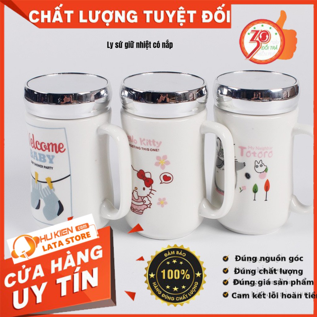 Combo 2 Ly sứ giữ nhiệt có Gương hàng dày hàng việt nam , ly uống nước có nắp bộ 2 ly , giao hình ngẫu nhiên