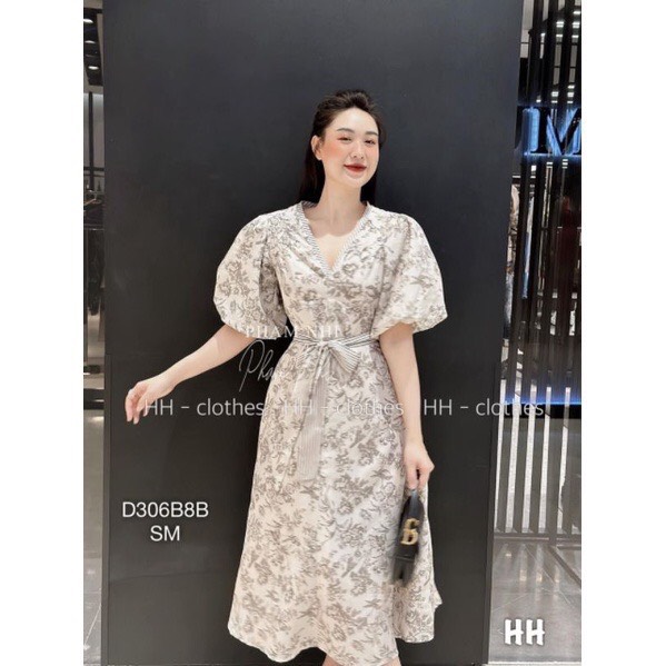 Đầm nữ dáng dài cổ chữ V tay phồng kèm đai thắt nơ eo siêu thanh lịch thời trang nữ tiểu thư sang chảnh thanh lịch