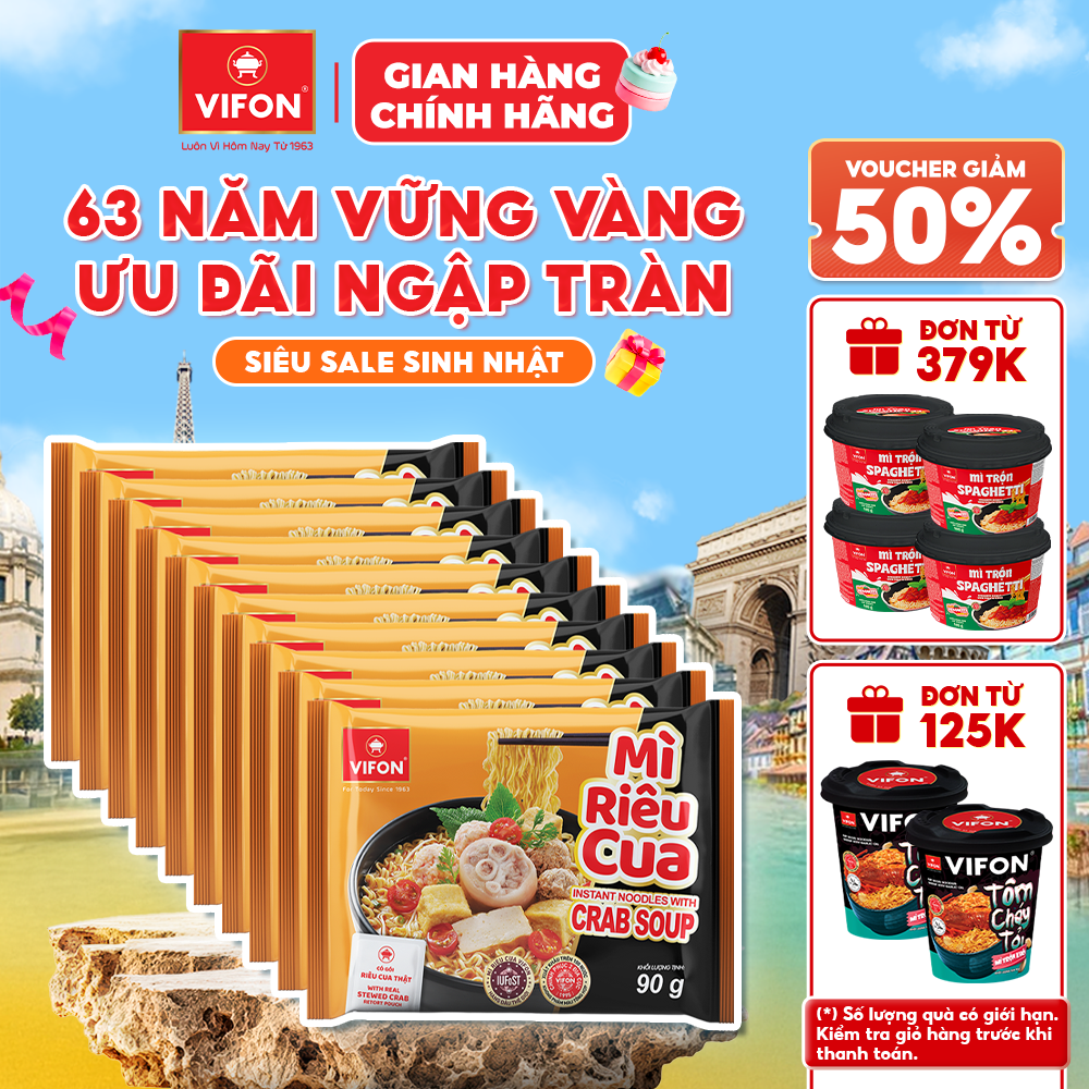 [Voucher 28% đơn từ 400K] Set 10 Gói Mì Thịt Thật Riêu Cua/ Bò Cay/ Thịt Bằm/ VIFON 90g Có Gói Thịt Thật Sợi Mì Dai Ngon