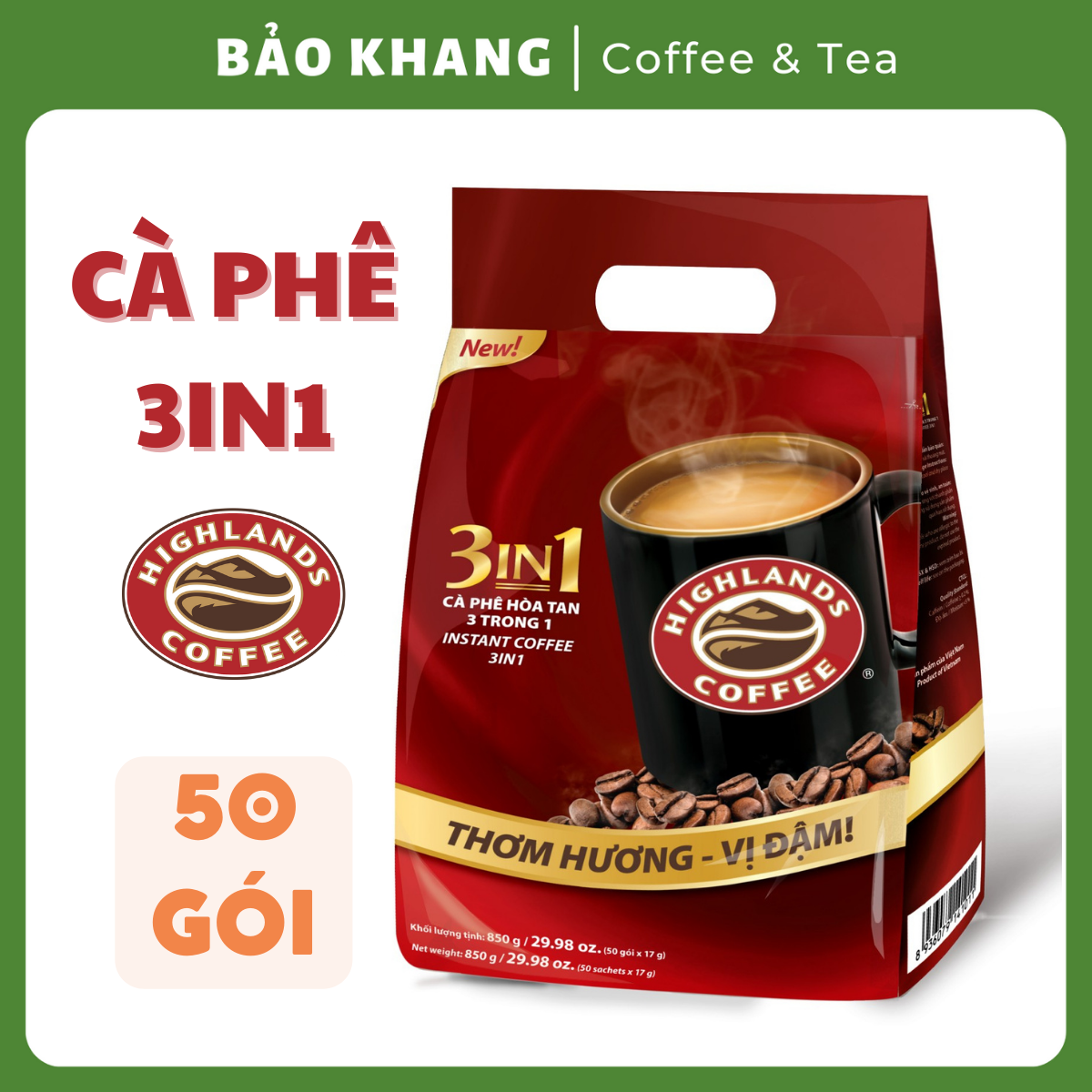 Cà Phê Highland 3in1 Hòa Tan 17g 50 gói - Date 04/2025 - Bảo Khang Coffee & Tea